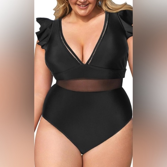 CUPSHE Black Ruffle Plunge Neck Plus Size Swimsuit - Picture 6 of 9